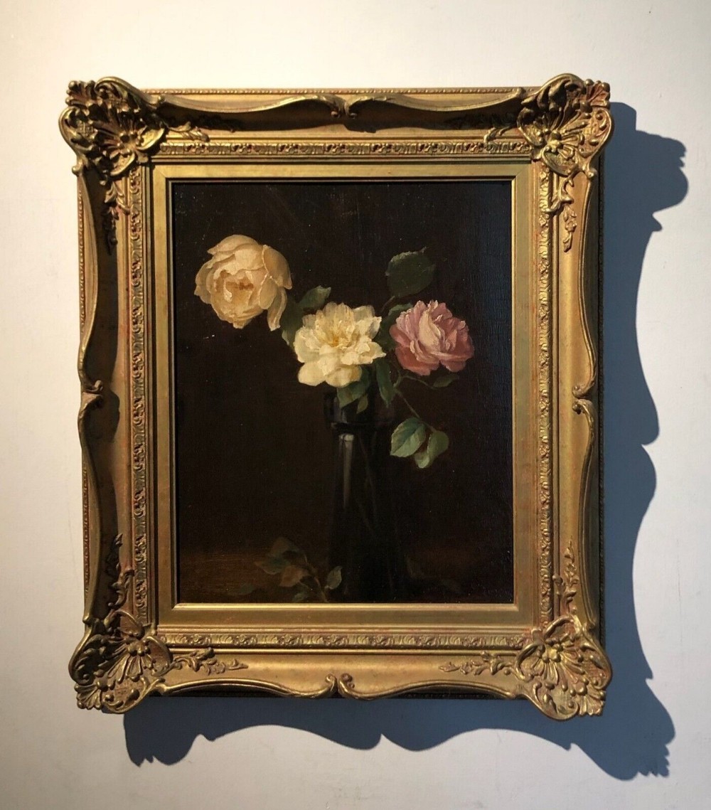 Manner of James Stuart Park Original Antique Oil Painting on Wood Panel Still Life Study Roses in a Glass Vase