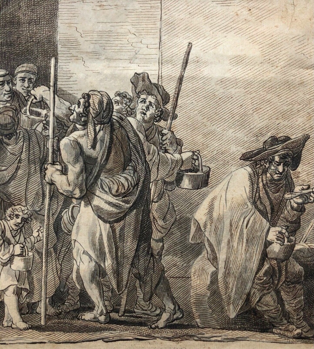 Manner of Jacques Callot Original 17th Century Antique Ink & wash Drawing Peasant Figures Biblical Illustration