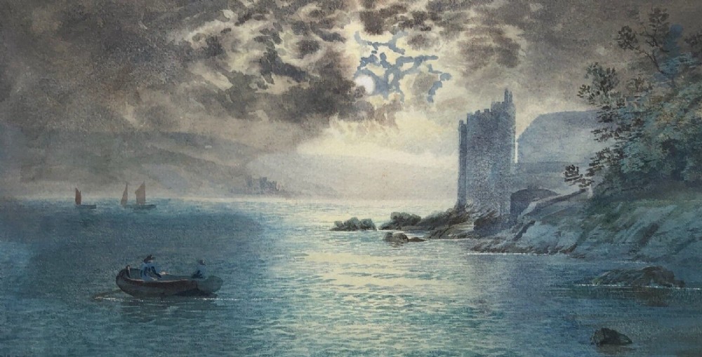 F Walters Signed Original Early 20th Century Antique Watercolour Painting Moonlight Loch Scottish Highland Landscape