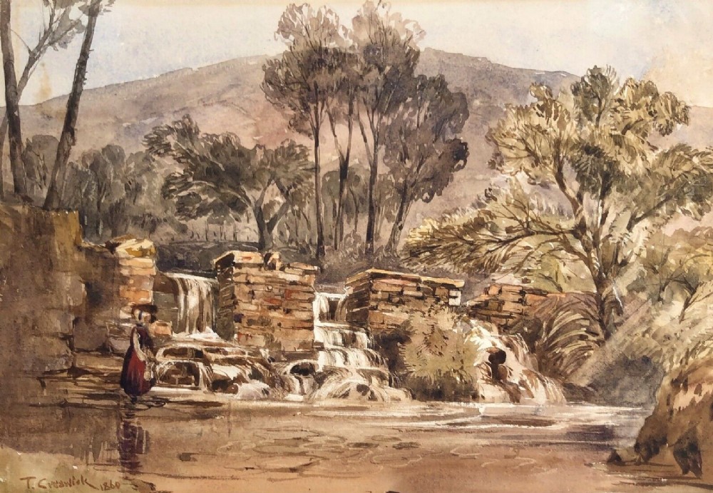 Signed T (Thomas) Creswick 1860 Original mid 19th Century Antique Watercolour Painting Waterfall Landscape with Figure
