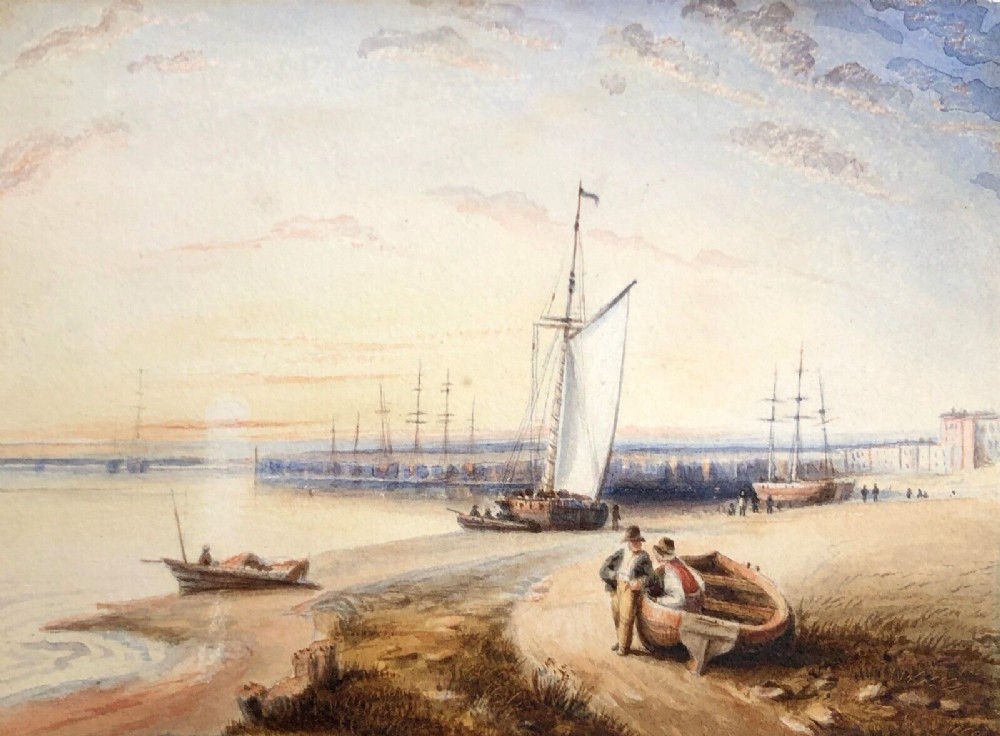 Aberaeron Cardiganshire, Original 19th Century Antique Watercolour Painting Boats & Figures Welsh Landscape Wales Seascape
