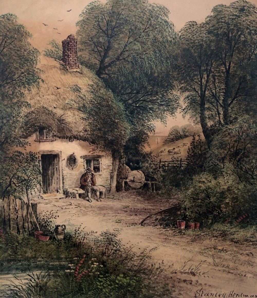Signed Stanley Herdman  Original 19th Century Antique Watercolour Painting Rural Thatched Cottage, Ramsey Isle of Man