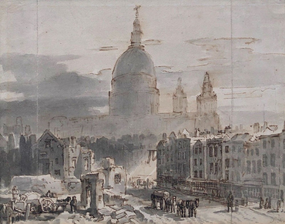 Samuel Scott Signed Original Mid 18th Century Antique Watercolour Painting View of St Paul's Cathedral London English City Landscape