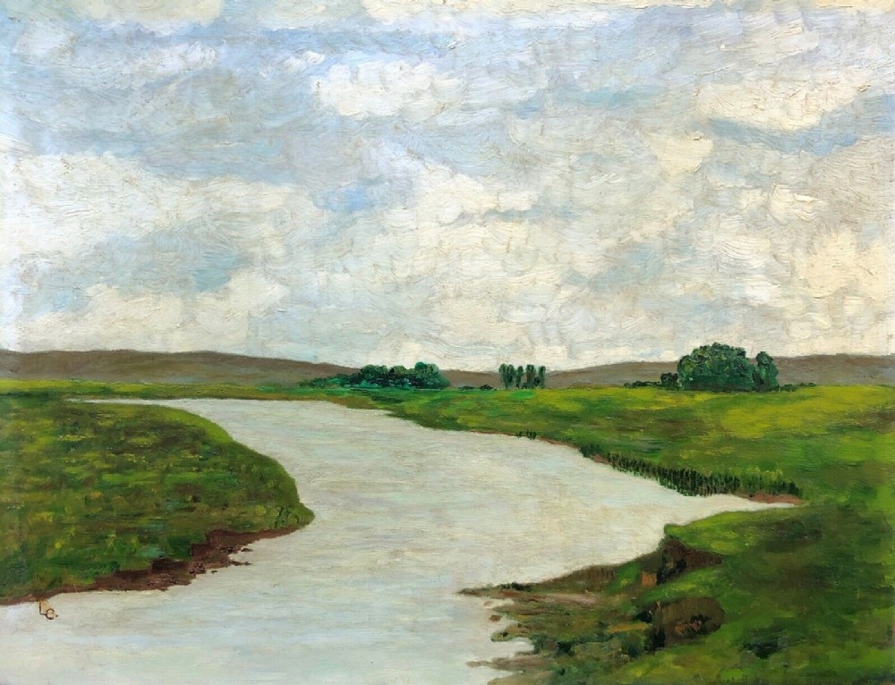 Monogrammed L.C. Mid 20th Century Original Vintage Oil Painting on Board English River Landscape Scene