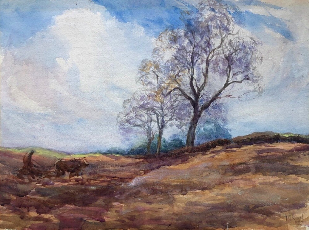 Original Signed Early 20th century Antique Watercolour Painting Ploughing Horses Tree English Country Landscape