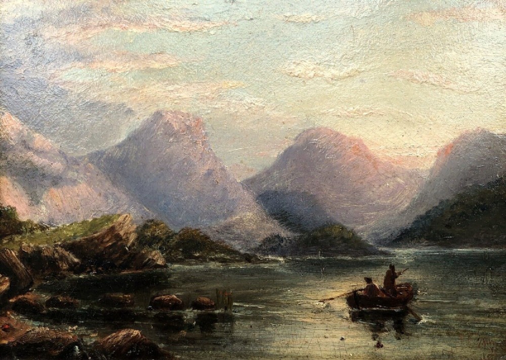 Indistinctly Signed Original 19th Century Antique Oil Painting on Wood Panel Scottish Loch & Mountain Landscape
