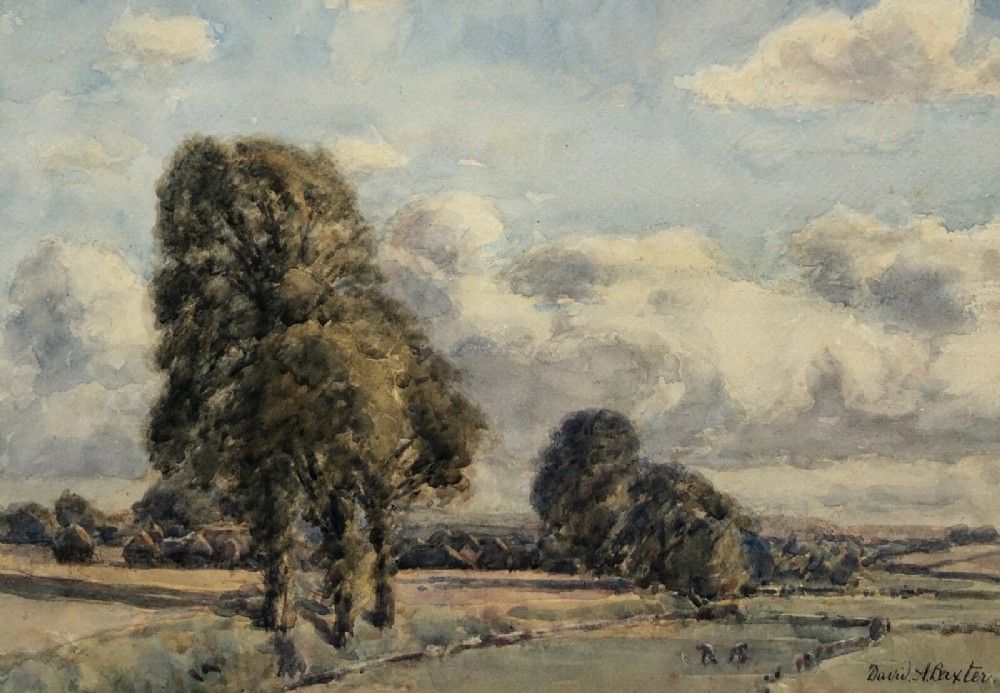 David A Baxter Signed Original Early 20th Century Antique Watercolour Painting Summer Haymaking English Country Landscape