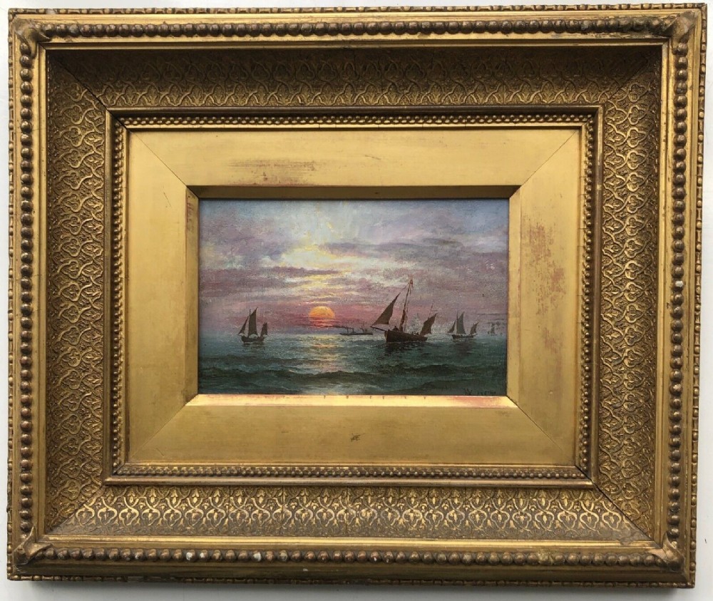 Indistinctly Signed Original 19th Century Framed Oil Painting on Wood Panel, Possibly South Coast Devon Sunset Seascape with Fishing Boats
