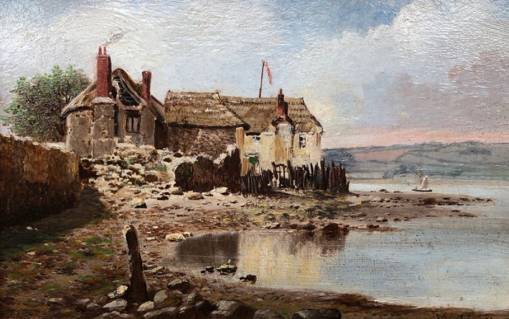 Indistinctly Signed Original 19th Century Antique Oil Painting on Wood Panel Old Cottages Possibly Teignmouth in Devon English Coastal Landscape