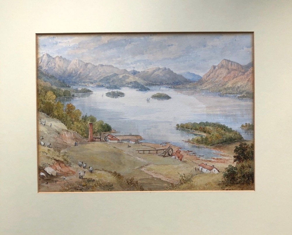 A mid-19th-century watercolour painting depicting Derwentwater in the English Lake District with surrounding mountains, lake waters, grazing sheep, and shoreline buildings.