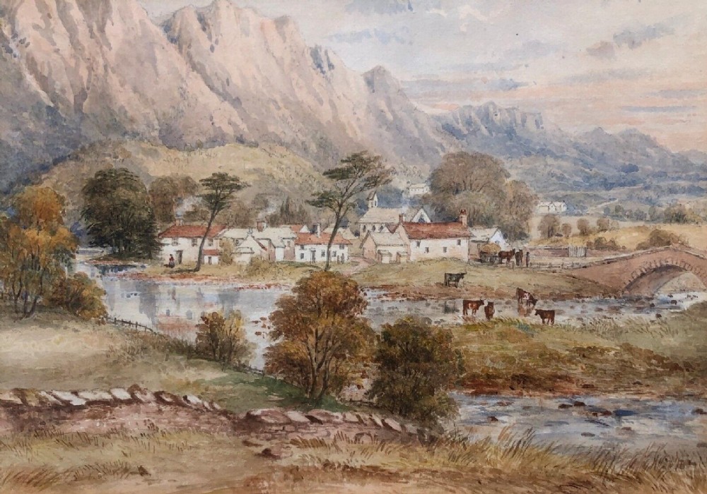 Attributed to James Drummond Original mid 19th Century Antique Watercolour Painting Grange Village Borrowdale English Lake District Landscape