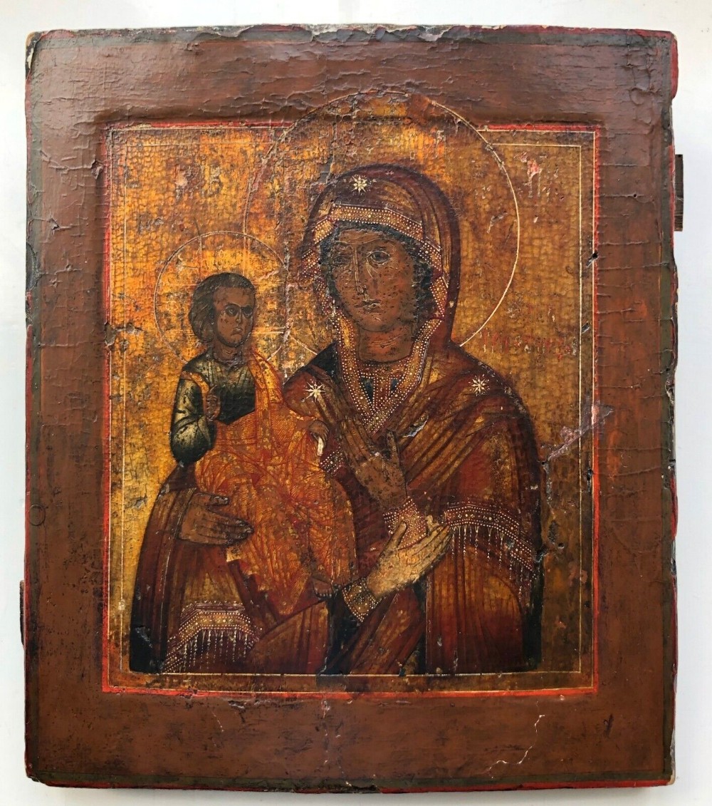 Early 19th Century Orthodox Religious Icon, Depicting Madonna of the 3 Hands & Child Oil Painting & Gold Leaf Embellishment on Wood Panel Possibly from a Larger Screen