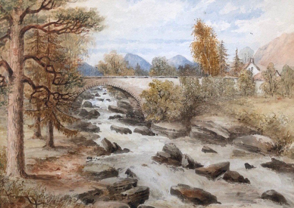 Attributed to James Drummond Original 19th Century Antique Watercolour Painting River Bridge, Killin Scotland Scottish Highland Landscape