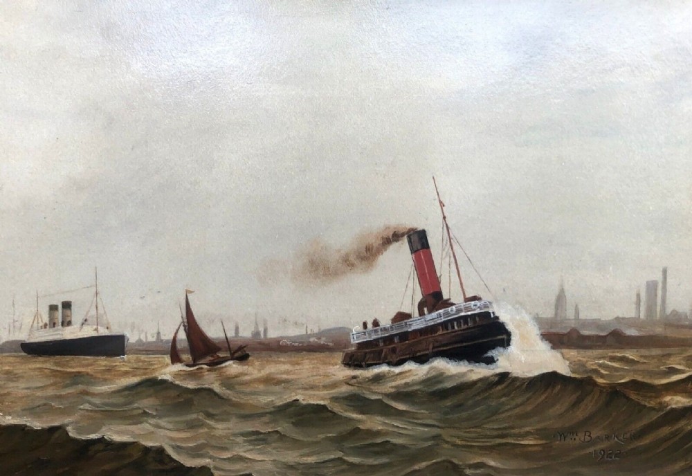 Signed Wm Barker Original Early 20th Century Antique 1922 Oil Painting Liverpool Estuary Ship Scene