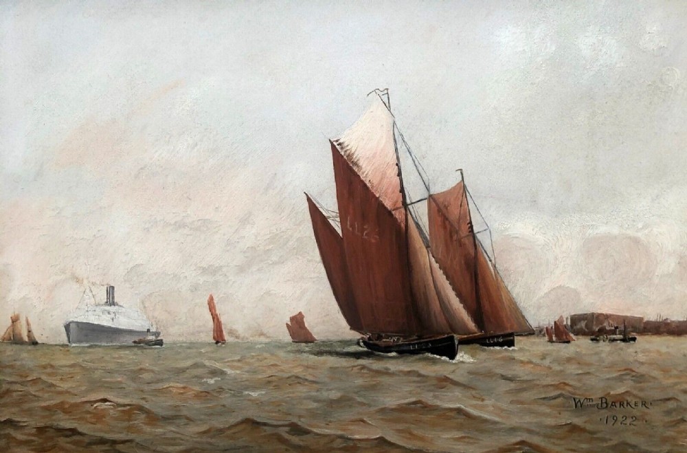 Signed Wm Barker Original early 20th Century Antique 1922 Oil Painting on Board Liverpool Seascape Mersey Estuary Ship View