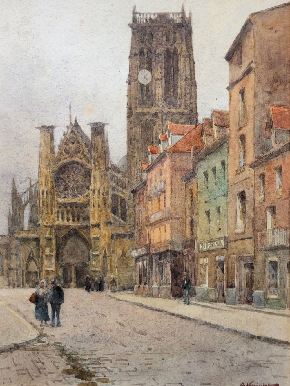 Adam Knight Signed Original 19th Century Antique Watercolor Painting St Jacques Church Dieppe France French Townscape