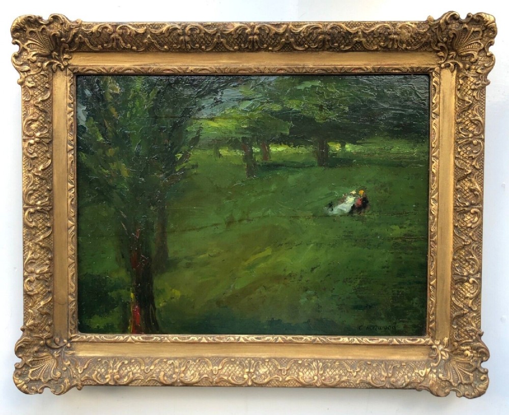 Charles Horwood Signed mid 20th Century Vintage Original Oil Painting on Board Figures Resting in a London Park English Landscape