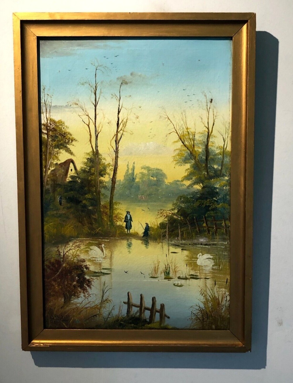 British School Original early 20th Century Antique Signed Oil Painting on Canvas Figures Fishing in Wooded Landscape 1
