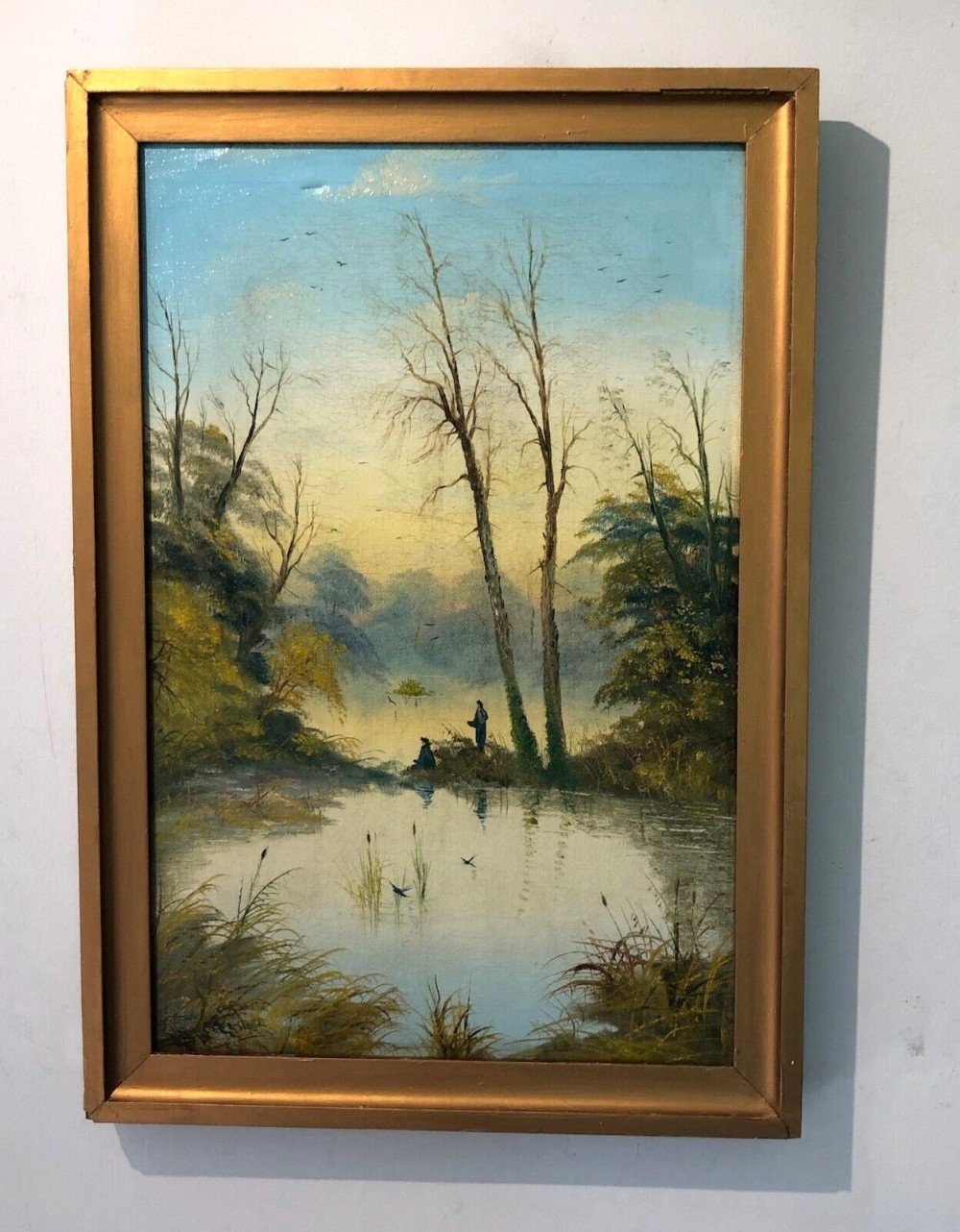 British School Original early 20th Century Antique Signed Oil Painting on canvas Figures Fishing in Wooded Landscape 2