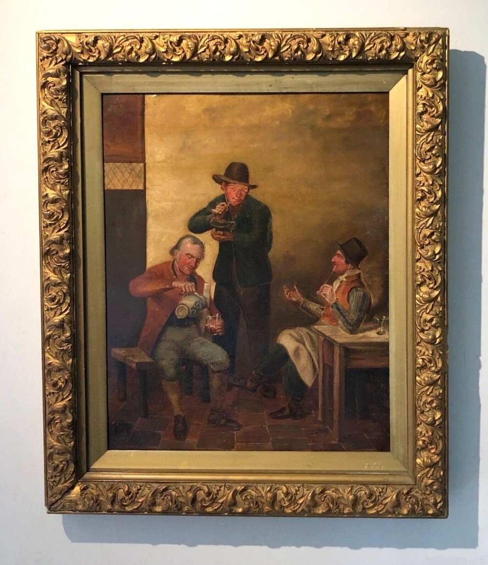 Original 19th Century Dutch School Antique Oil Painting Topers in a Tavern Interior Study Manner of Egbert van Heemskerck