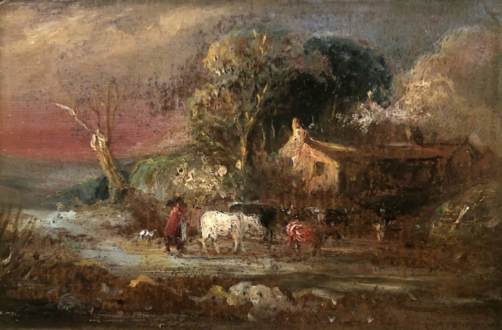 Original 19th Century English School Antique Oil Painting Woman Driving Cattle English Farming Landscape
