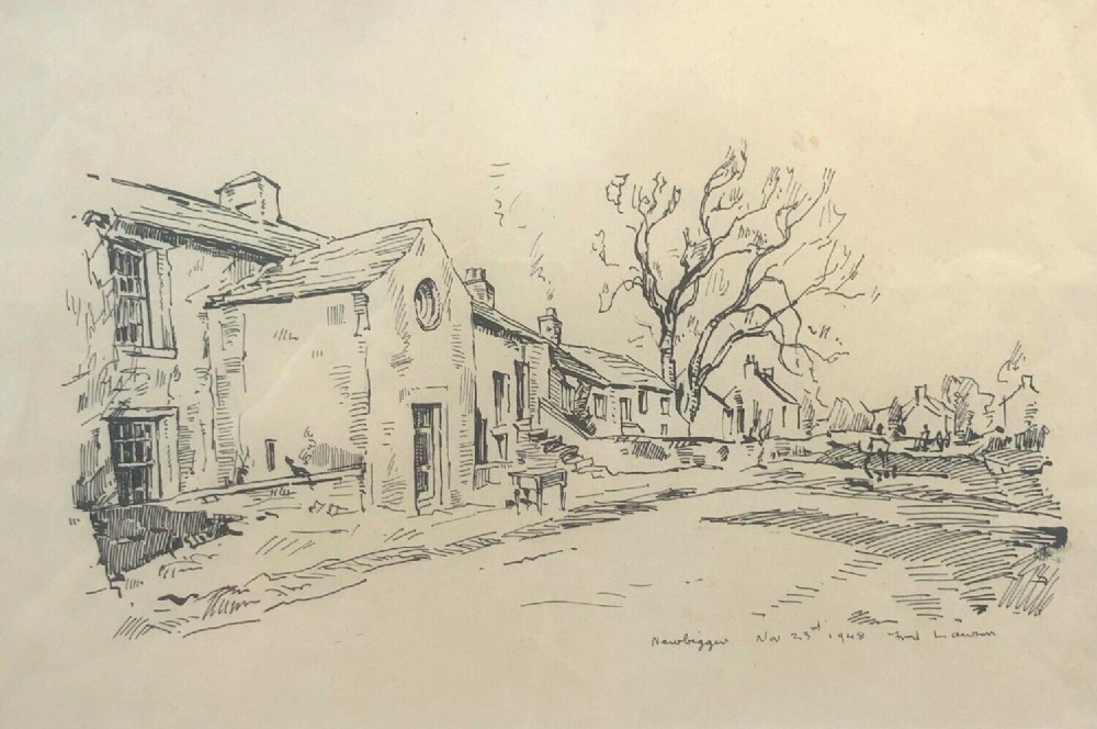Fred Lawson Signed Original 1948 Ink Drawing Newbiggin Wensleydale Yorkshire Dales English Landscape