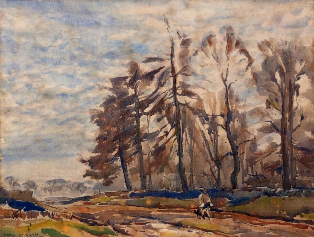 Fred Lawson Signed Original Vintage Watercolour Painting Man & Dog Walking in a Yorkshire Landscape