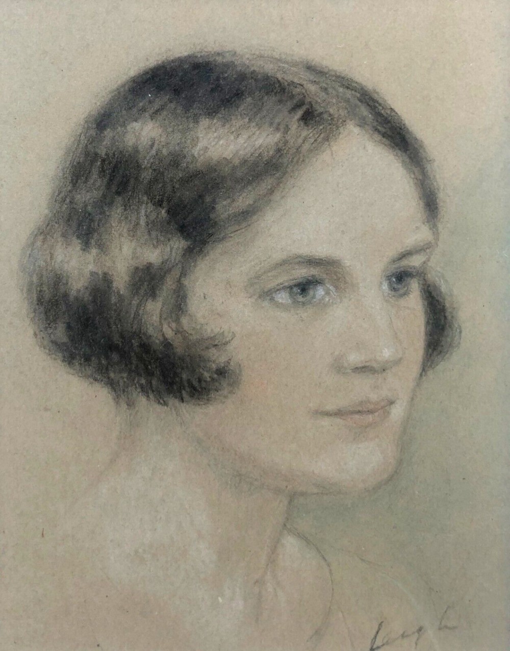Signed Original Early 20th Century Antique Pencil & Pastel Portrait Study Drawing of a Young Woman