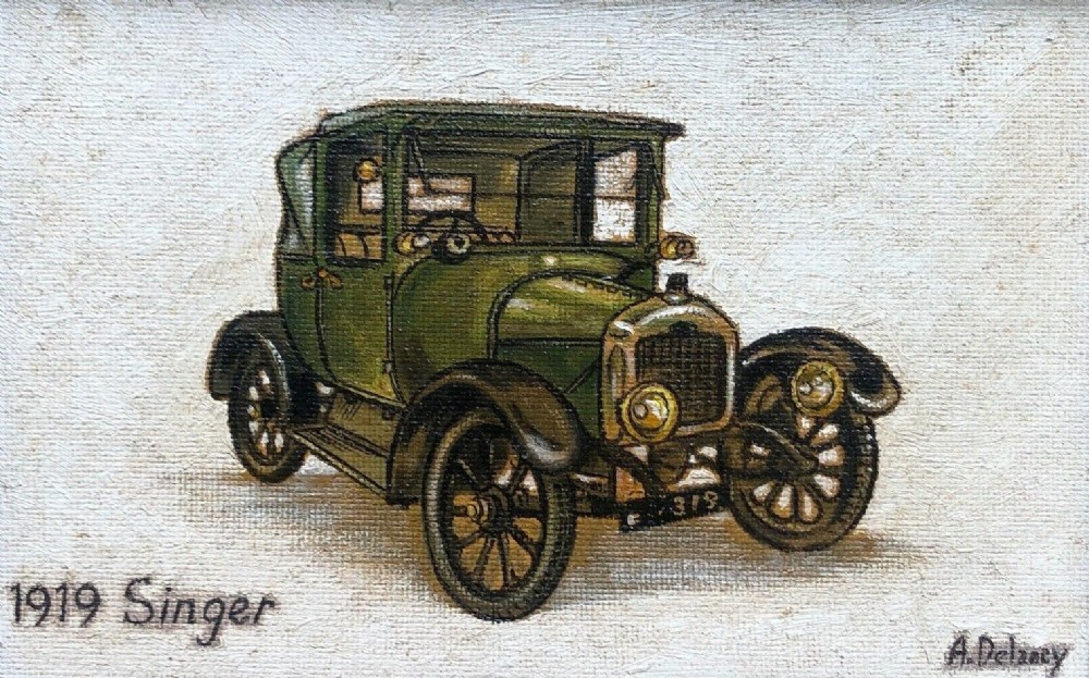 Arthur Delaney Signed Original Mid 20th Century British Northern Art Oil Painting on Board of a Green 1919 Singer Motorcar