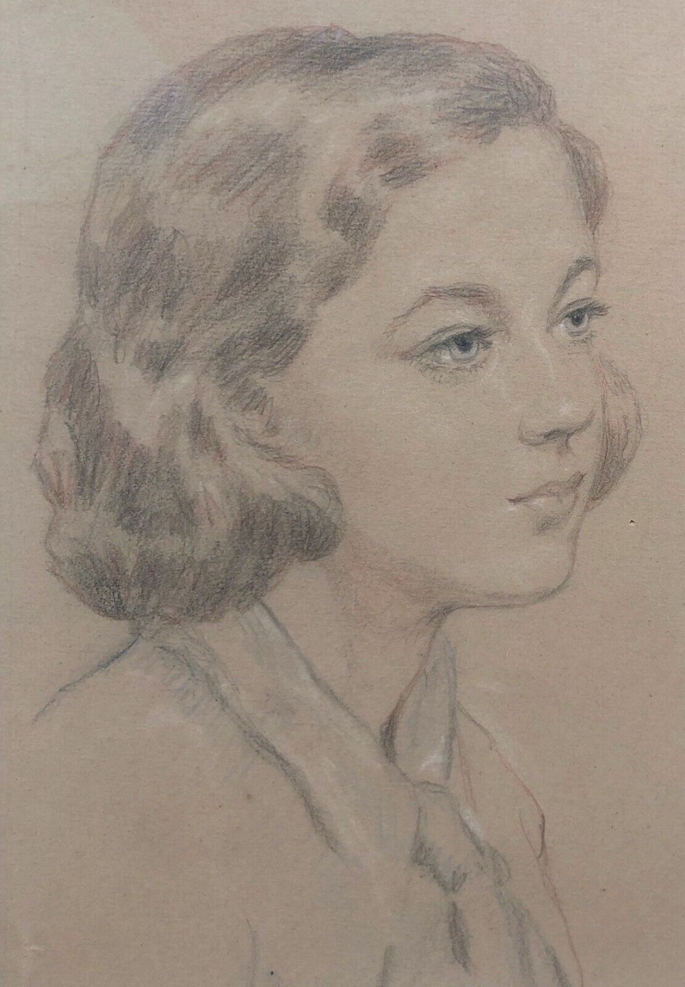Original Vintage Early 20th Century English Pastel Portrait Drawing of a Young Lady