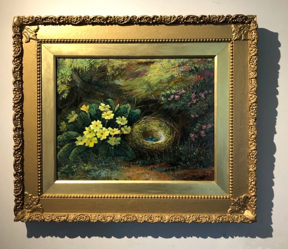 G Stainton Signed Original Antique Oil Painting on Canvas Still Life Study Primroses & Birds Nest