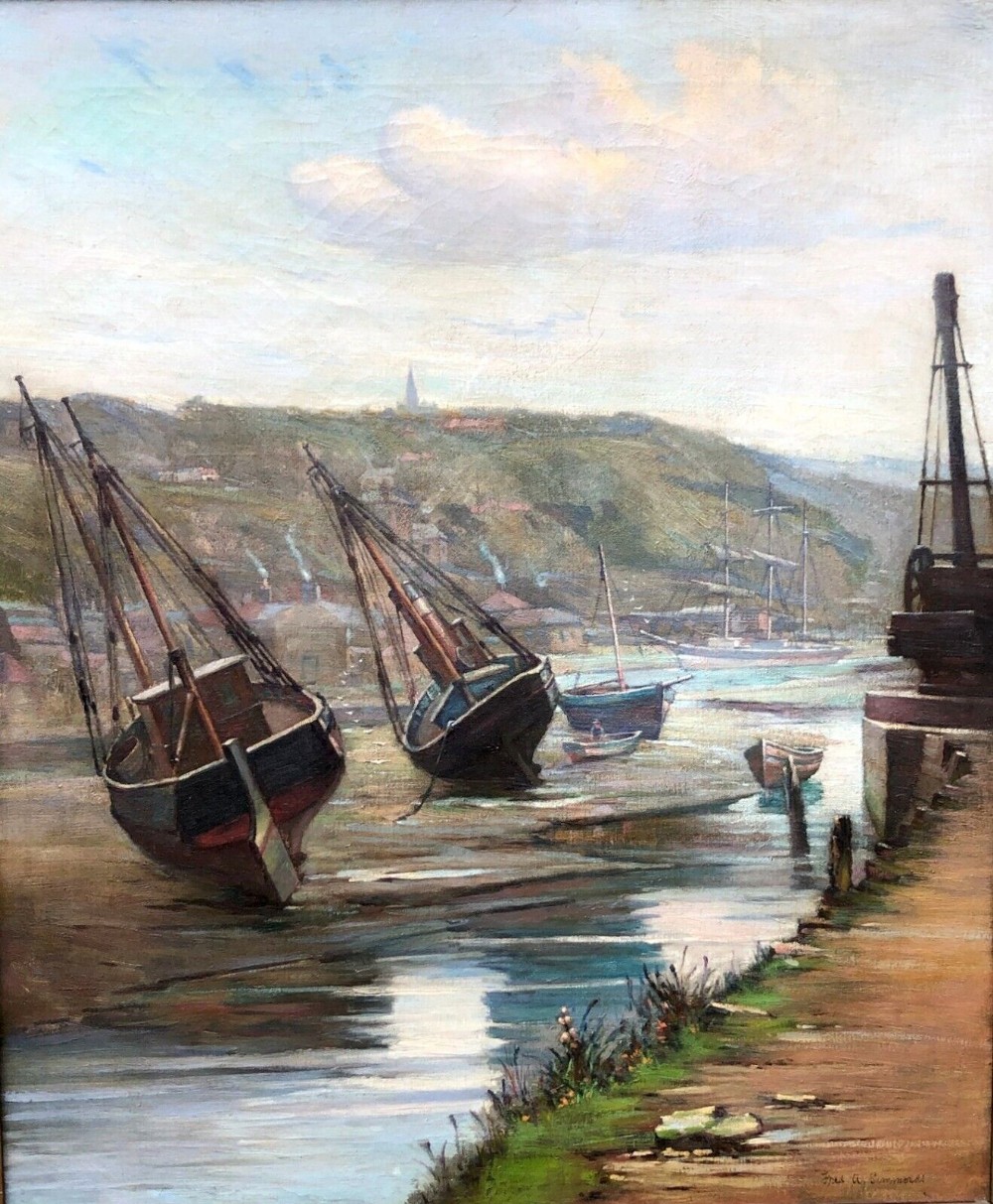 Signed Fred A Simmonds Original Late 19th Century Antique Oil Painting on Canvas  Low Tide in Whitby Harbour, River Esk Estuary Yorkshire Landscape