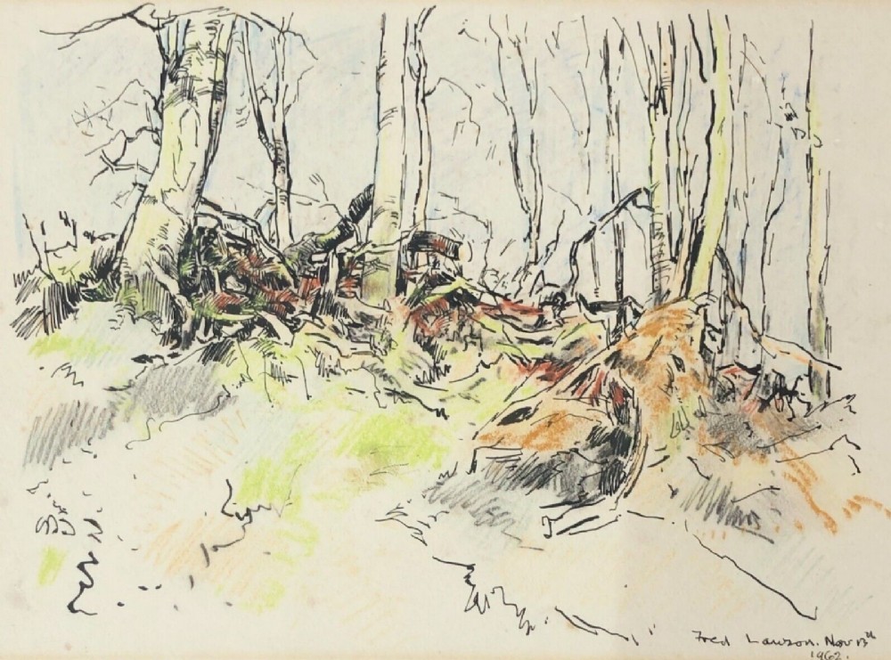Fred Lawson 1962 Signed Original Watercolour & Ink Sketch Drawing Painting Yorkshire Woodland English Landscape 