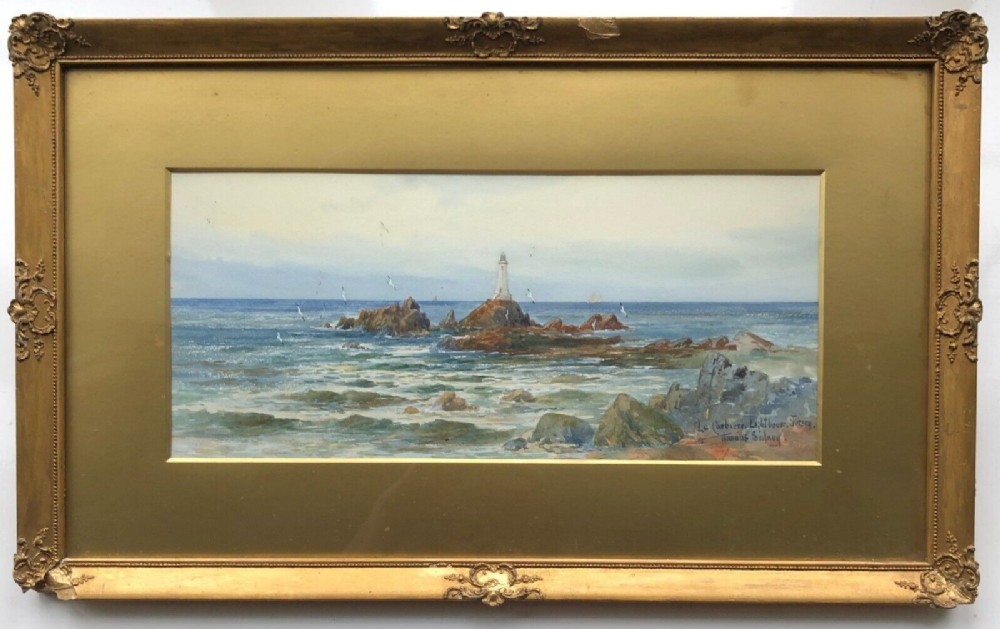 Thomas Sidney Signed Original 19th Century Antique Watercolour Painting Le Corbiere Lighthouse Jersey Seascape