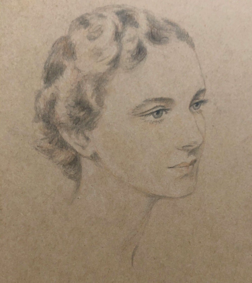 Original Early 20th Century Vintage Pencil Pastel Portrait of a Young Woman with Short Hair
