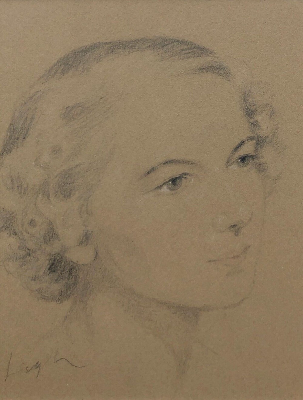 Original Circa mid 20th Century Vintage Pencil Portrait of a Lady with 1940's Hairstyle