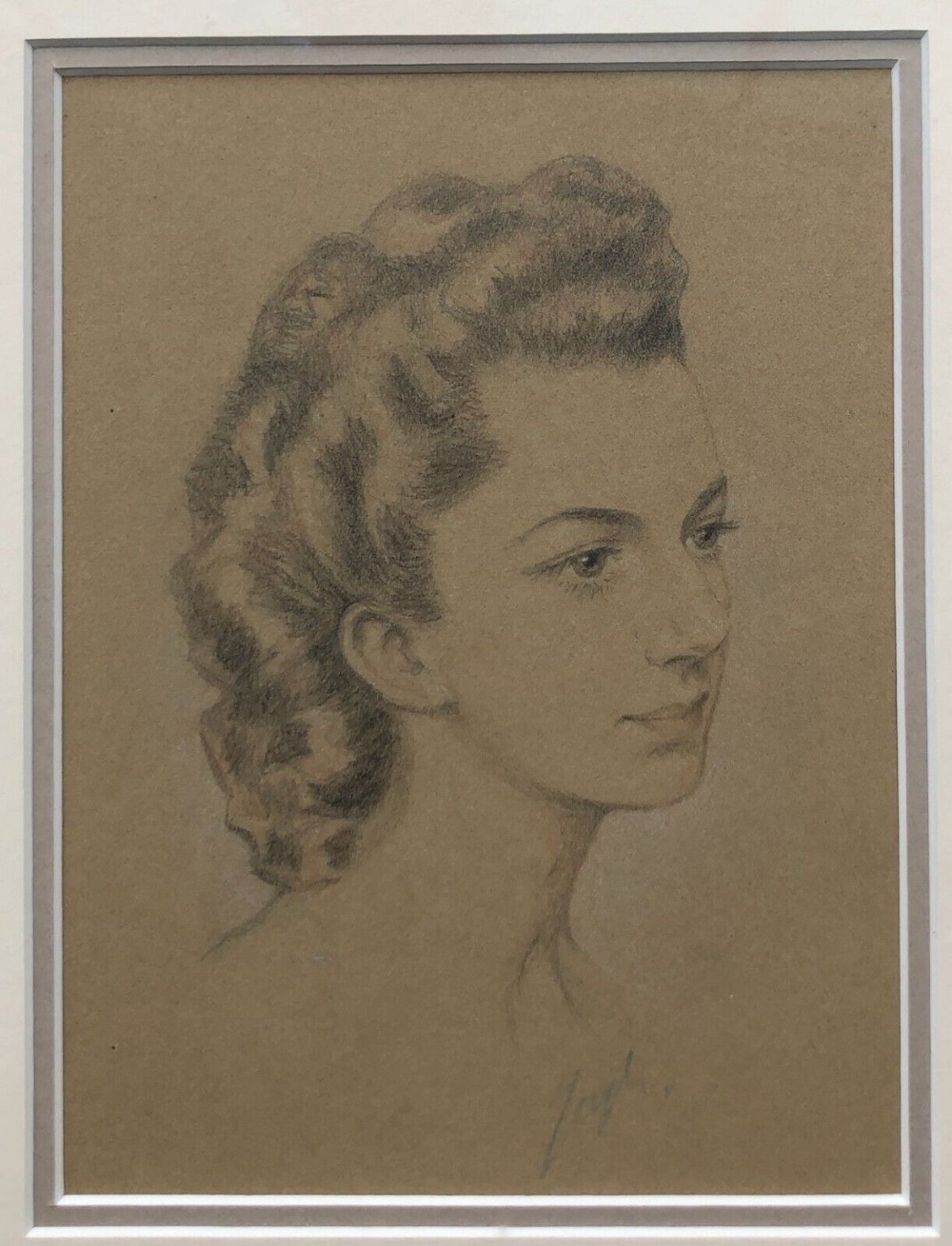 Original mid 20th Century Vintage Pencil Portrait Drawing of a Lady with War Era Hairstyle
