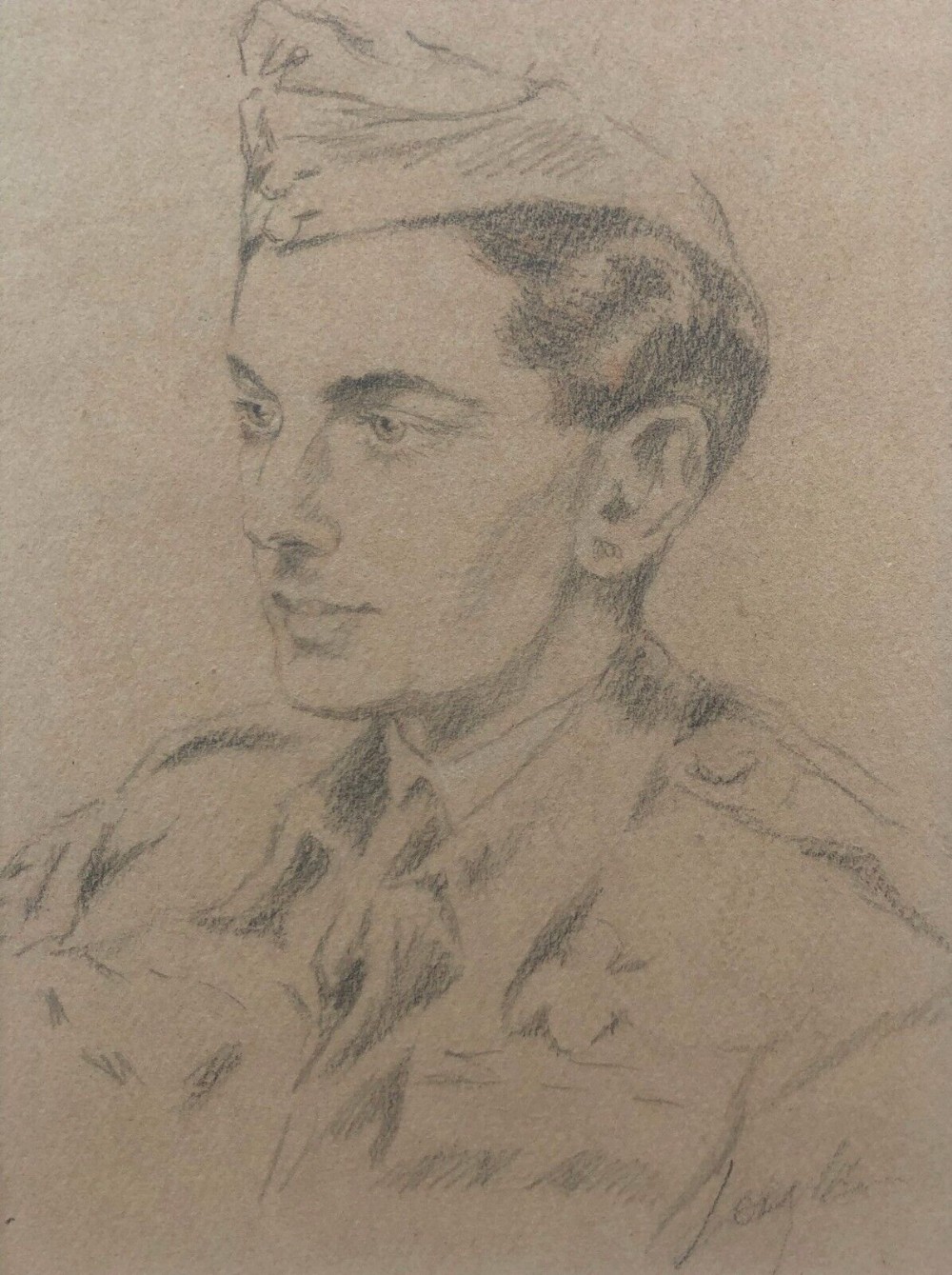 Signed Leigh Original Early 20th Century Vintage Pencil Portrait Sketch Drawing of WW2 Soldier in Uniform