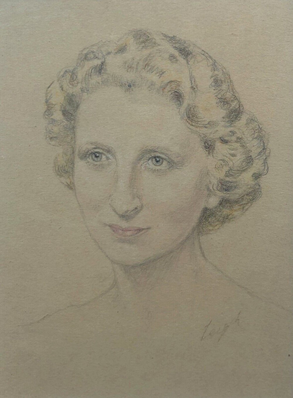 Signed Leigh Original Early 20th Century Vintage Pencil & Pastel Sketch Portrait of a Blonde Lady Framed and Mounted