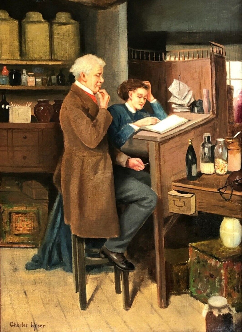 Charles Weber Signed Original Early 20th Century German Antique Oil Painting on Canvas Shopkeeper & his Daughter