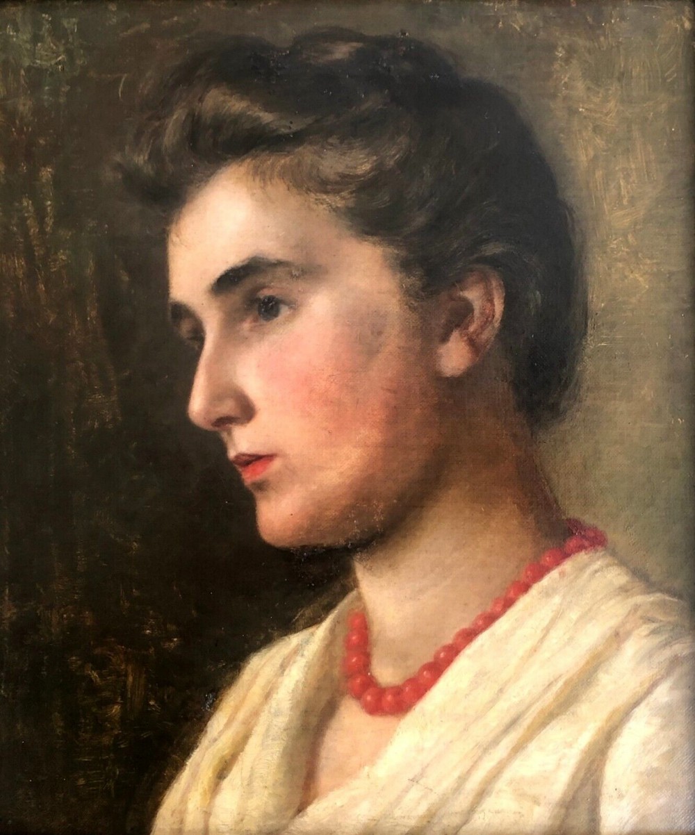 British School Original Antique Oil Painting on Canvas Head & Shoulders Portrait of a Lady wearing a Red Necklace