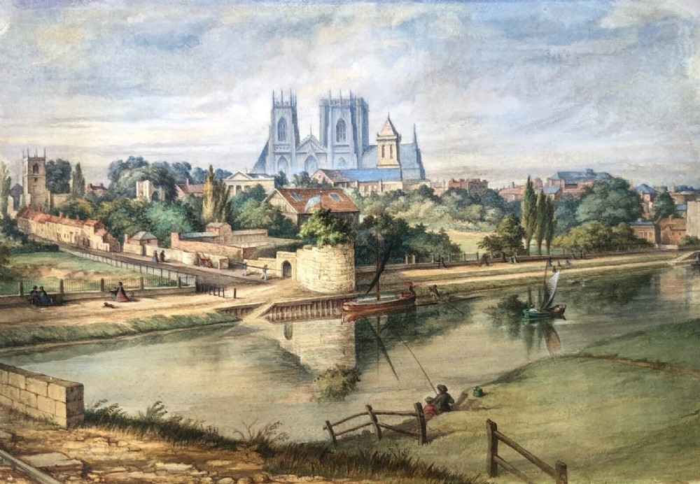 Original 19th Century Antique English Watercolour Painting, Overlooking the River Ouse towards Museum Gardens, York Landscape