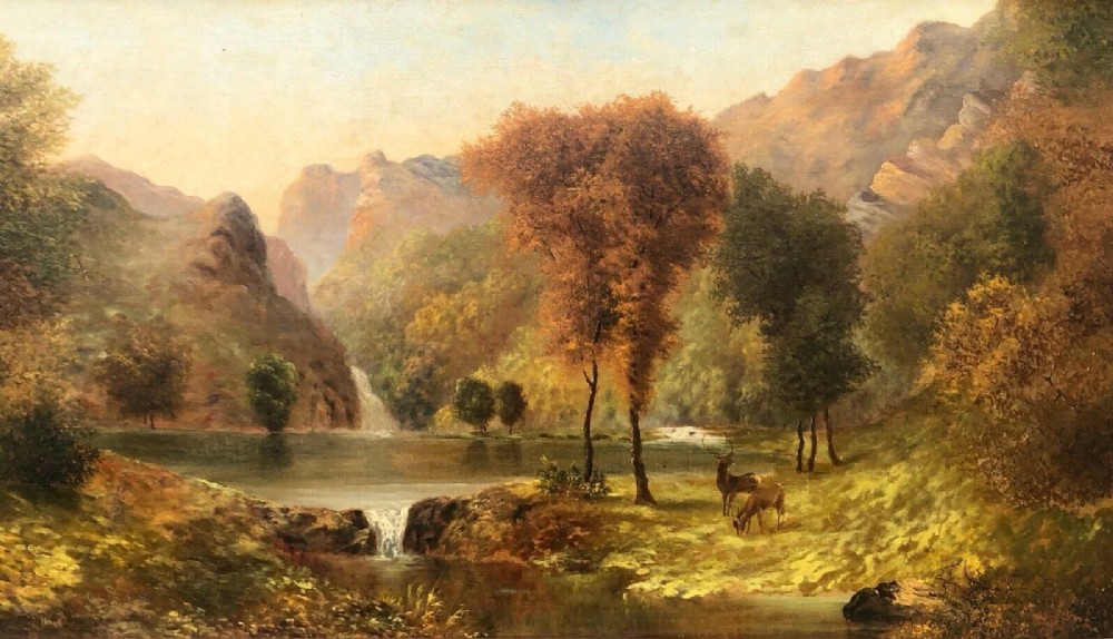 Arthur Knowles 1888 Signed Original 19th Century Antique Oil Painting on Canvas Stag in a Mountainous Landscape