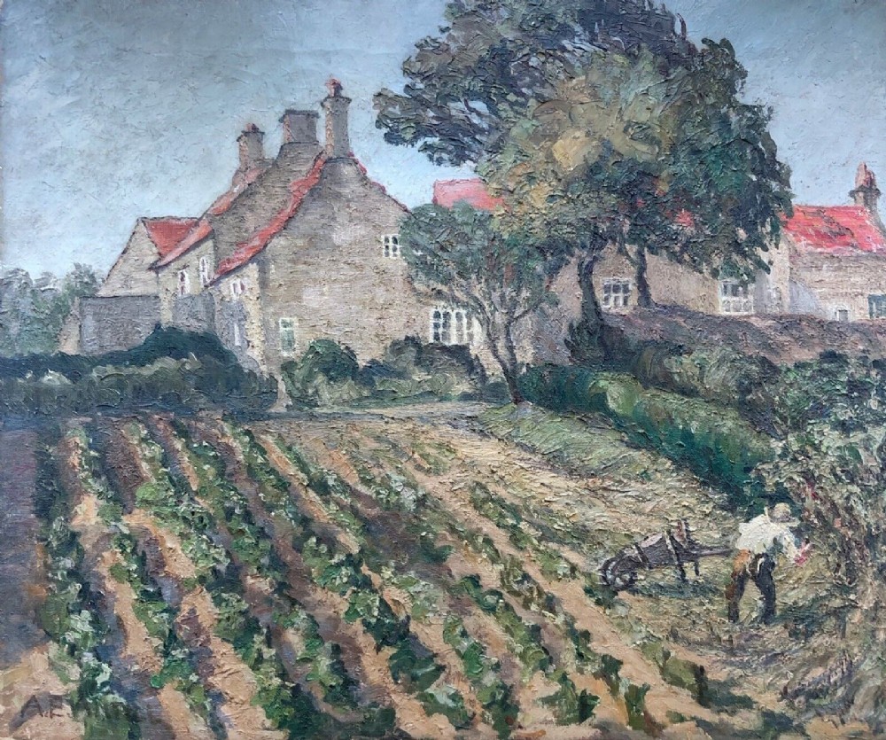 Amy Antill Signed Original early 20th Century Antique Oil Painting on Canvas English Country Cottage Scene with Gardener at Work