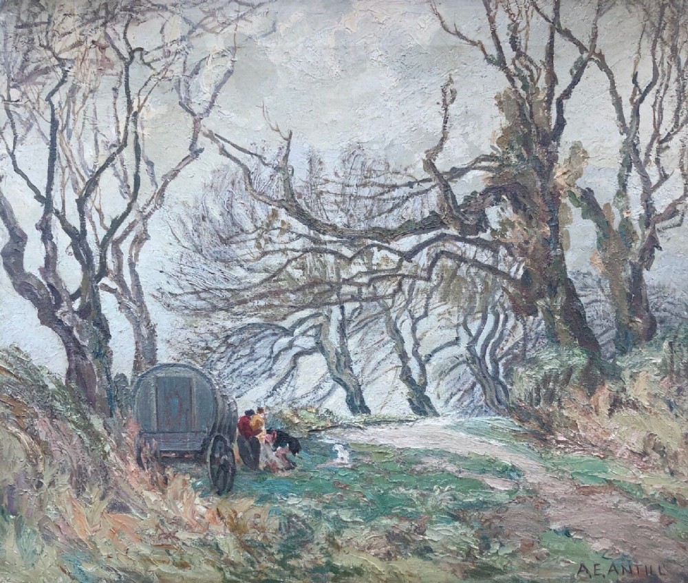 Amy Antill Signed Original early 20th Century Antique Oil Painting on Canvas Gypsy Encampment in the Woods English Landscape