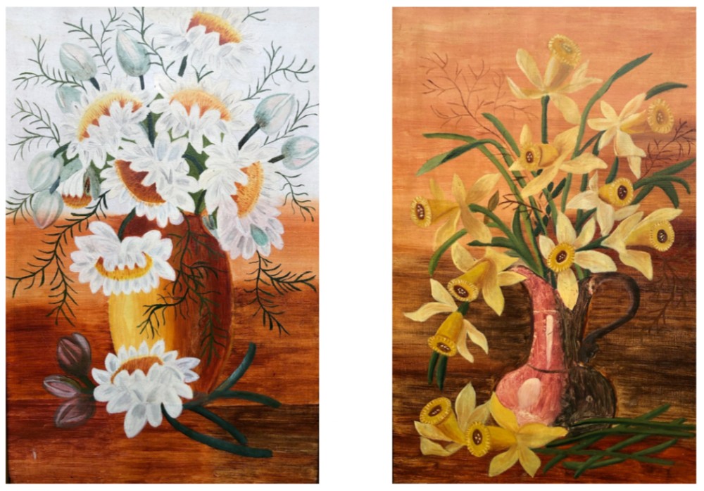 TWO Original Antique circa 1930's Oil Paintings, Still Life Daffodils on Canvas & Giant Daisies Painted on Board