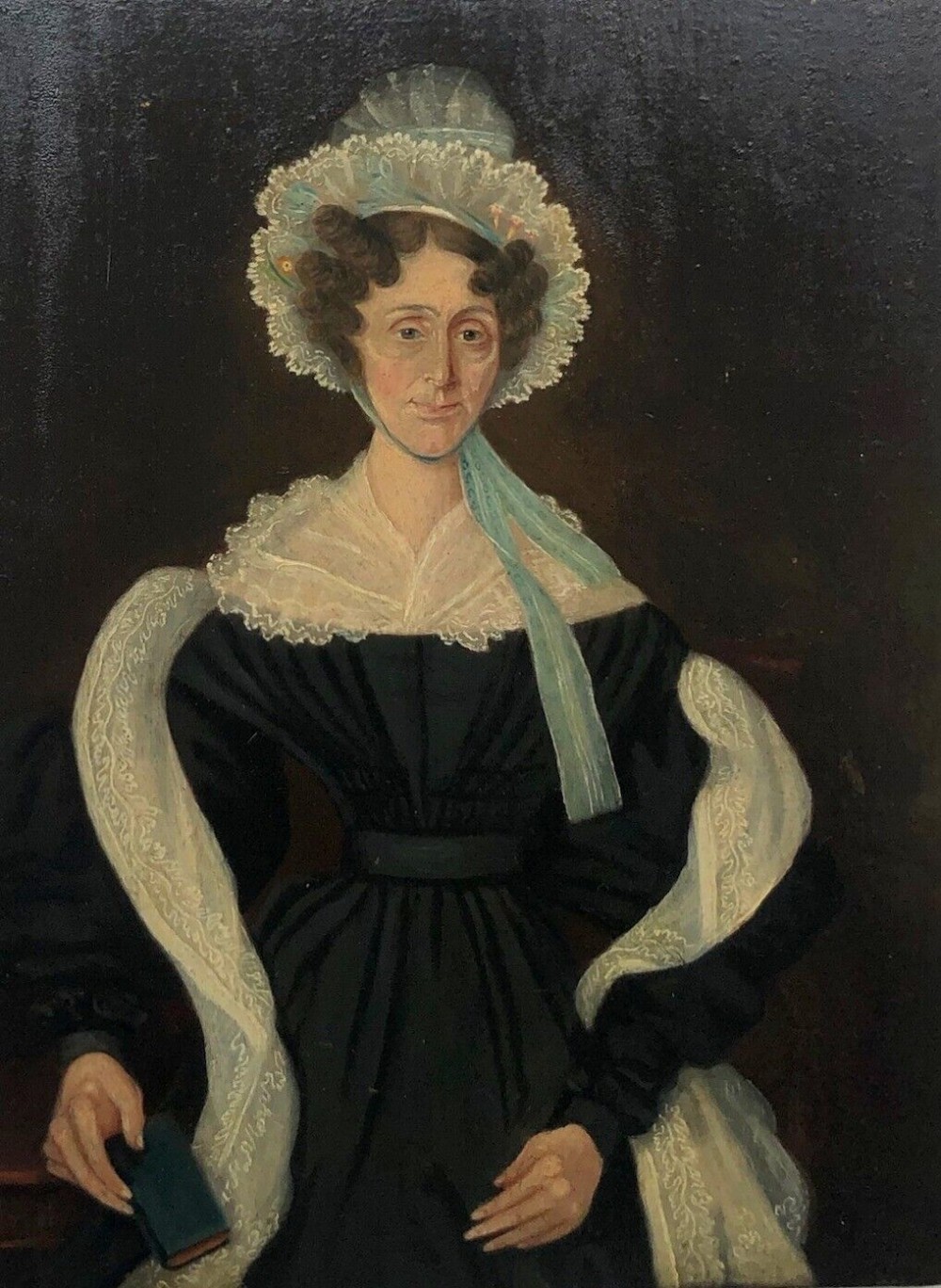 Original Early 19th Century Antique Oil Painting on Wood Panel Portrait of Elizabeth Armitage of Armley, wearing a Black Dress with Lace Cap & Shawl