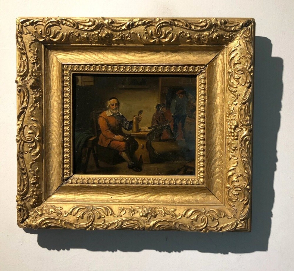 Original early 19th Century Antique Oil Painting on Metal Panel Dutch School Tavern Interior with Gilt Frame