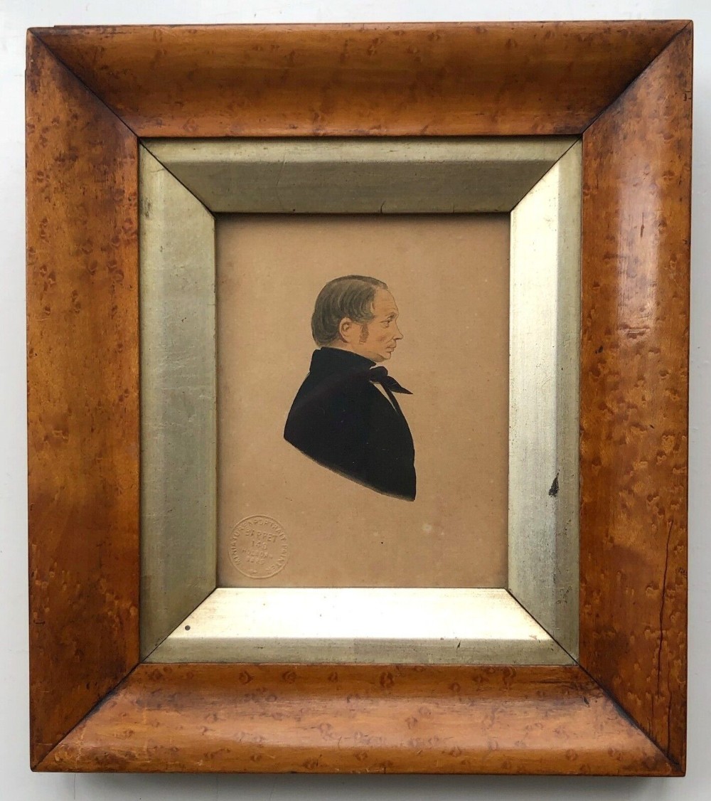 Original 19th Century Antique Watercolour Portrait Painting of a Victorian Gentleman with a Birdseye Maple Frame