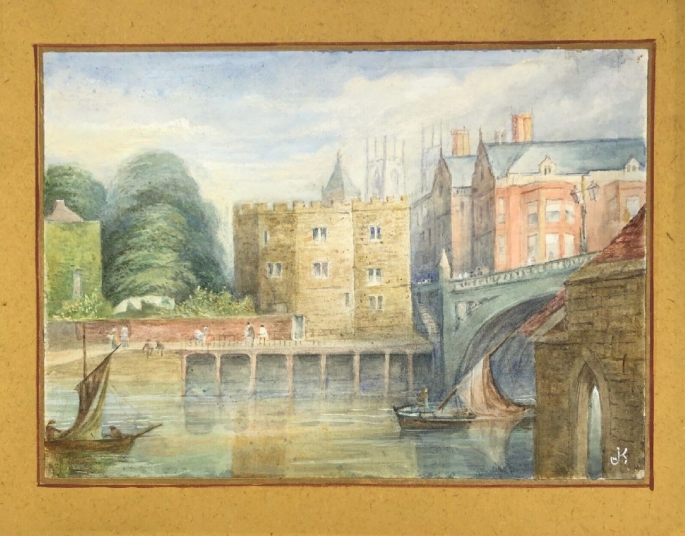 JWK Signed Original 19th Century Antique Watercolour Painting River Ouse, Lendal Bridge, York English Landscape
